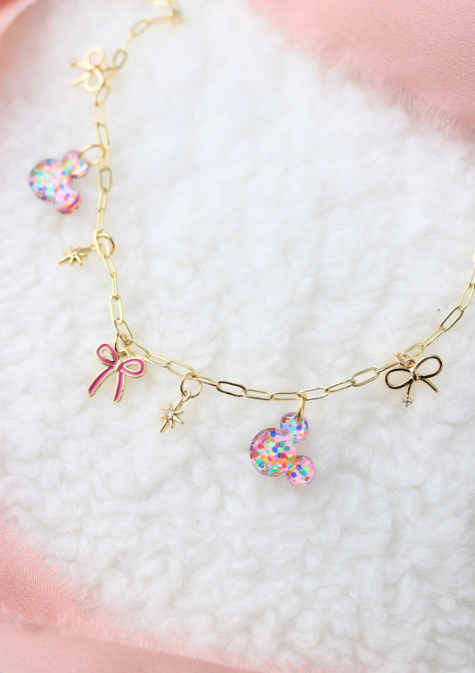 RAINBOW GLITTER MOUSE MINI CHARM NECKLACE