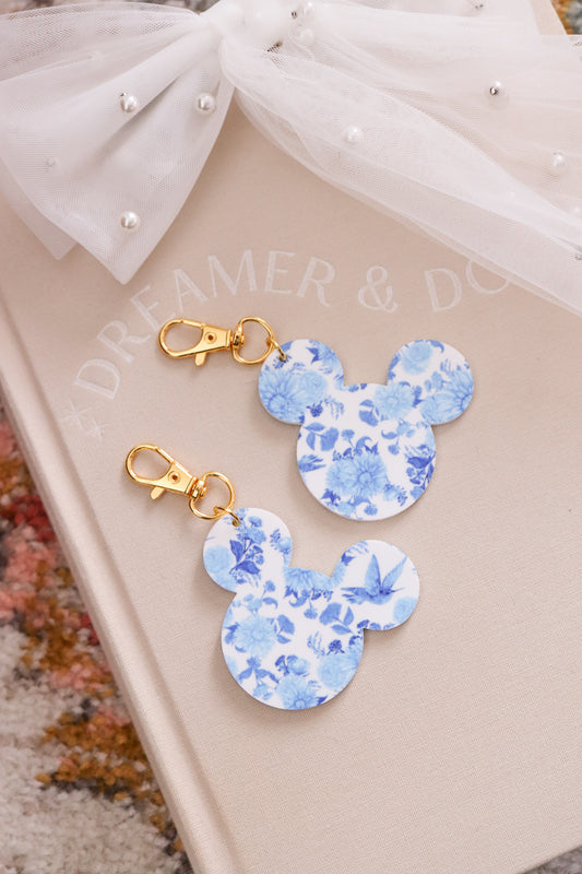 BLUE & WHITE FLORAL MOUSE BAG CHARM/ KEYCHAIN